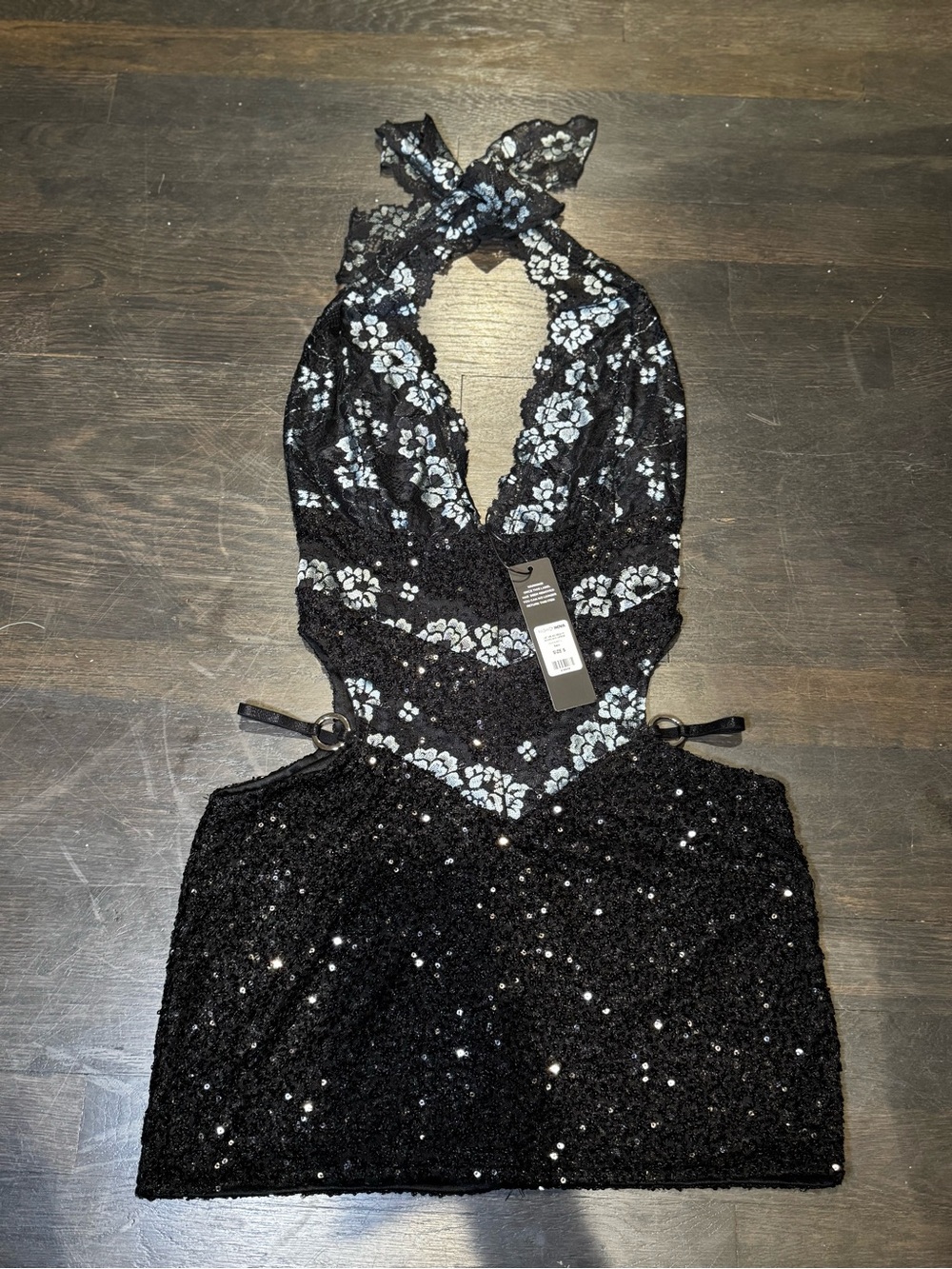 Fashion Nova Black Floral Sequin Robe with Silver Accents